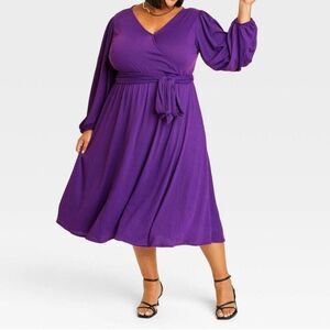 Ava & Viv Long Balloon Sleeve Purple Midi Faux Wrap Dress Tie Front 3X 24/26